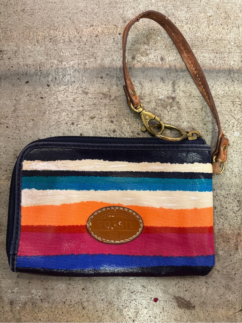 Fossil Striped Wristlet in Orange, Blue, Pink and Cream